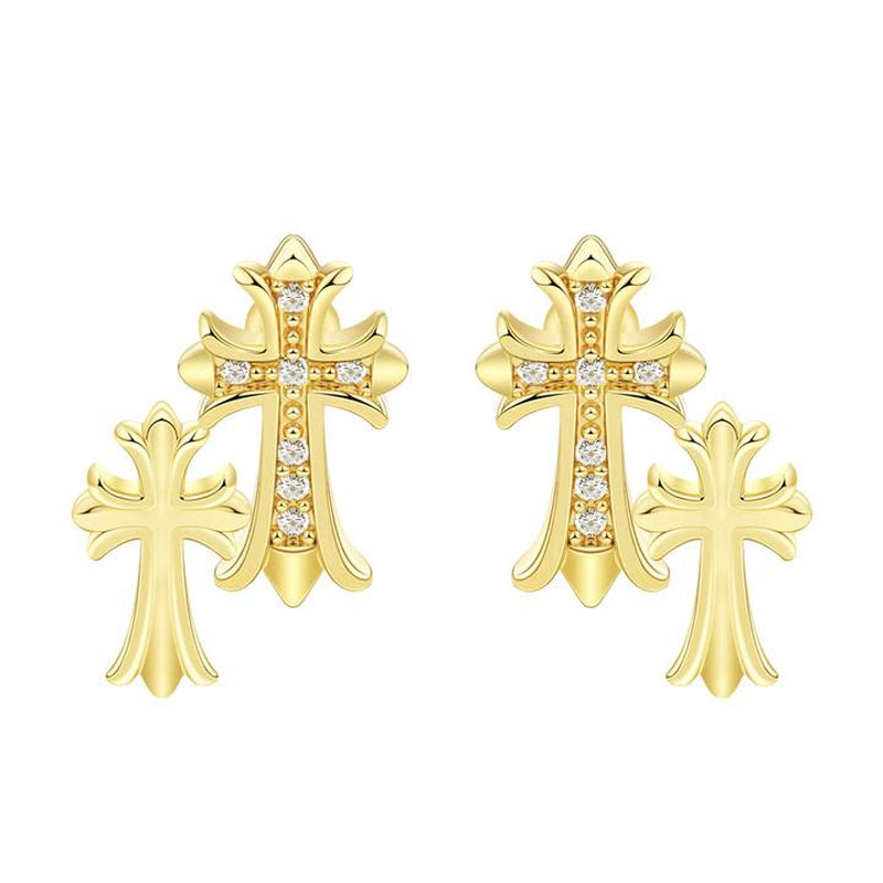 Pvoovi Gold Double Cross Stud Earrings for Women and Men 14K Gold Plated Small Pave CZ Dangling Hypoallergenic Lightweight Accessory with Zircon Decoration