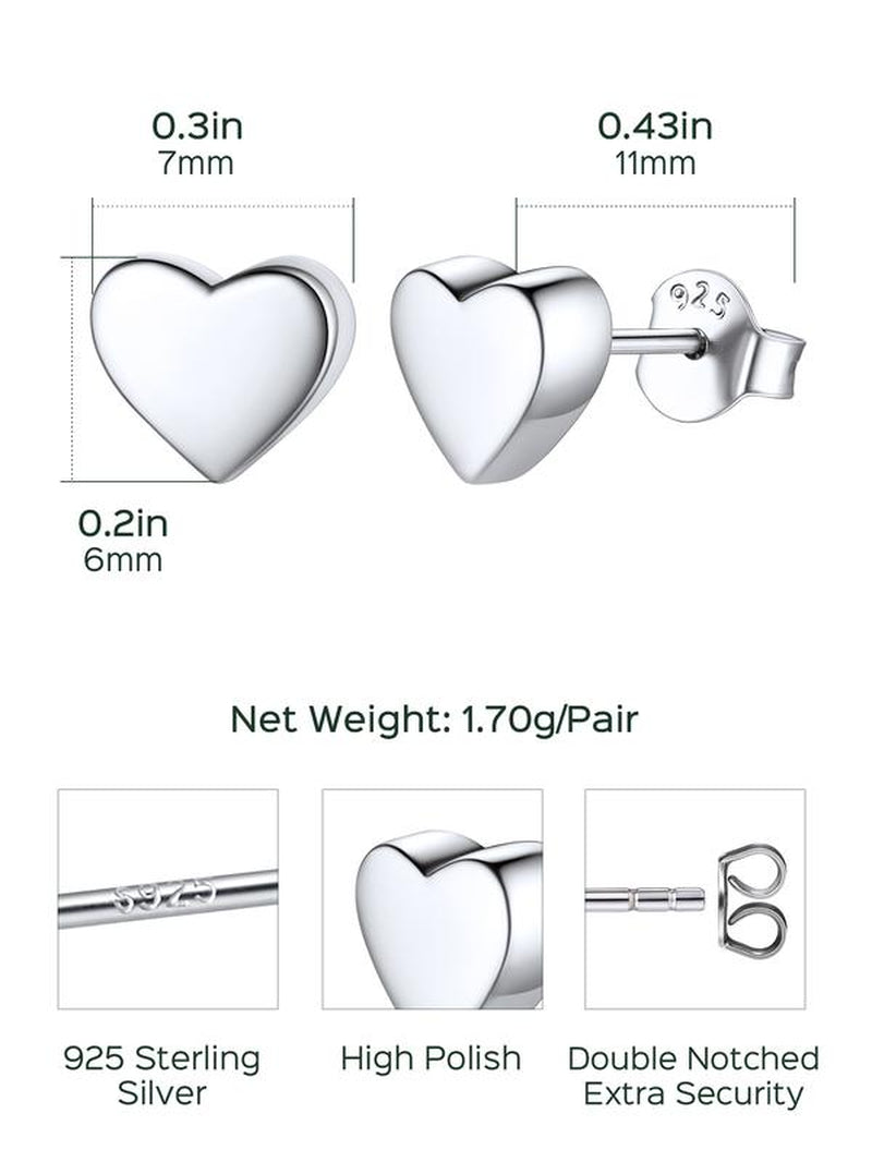 Chicsilver Dainty Heart Plain Simple Daily High Polished Hypoallergenic 925 Sterling Silver Stud Earrings for Women
