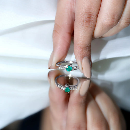 Minimal Emerald Bypass Promise Ring for Women, May Birthstone Ring (AAA Quality), 925 Sterling Silver, US 7.50