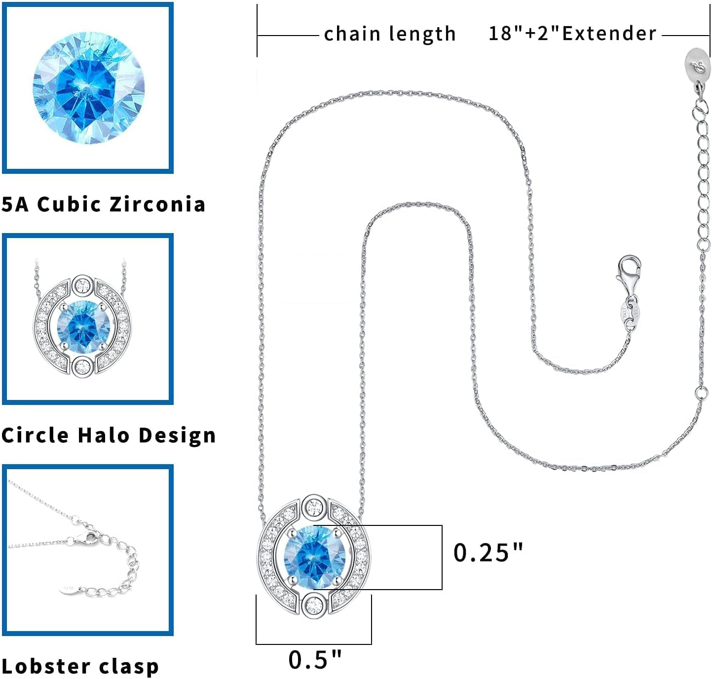 Sterling Silver Platinum Plated Birthstone Halo Necklace with Round Cut Cubic Zirconia Pendant - Elegant Jewelry Gift for Women and Teen Girls