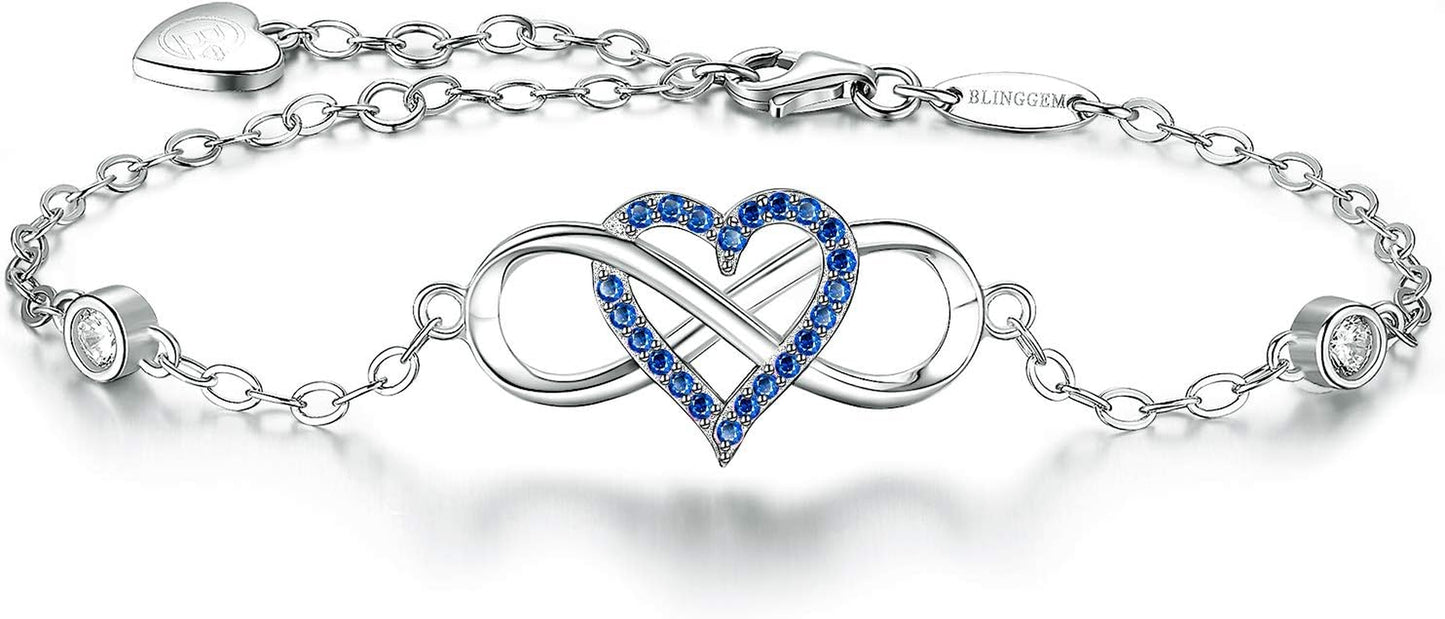 925 Sterling Silver Infinity Heart Charm Bracelet with Blue Gemstone and Pink Cubic Zirconia - Elegant Wedding Jewelry Gift for Women, Wives, and Mothers