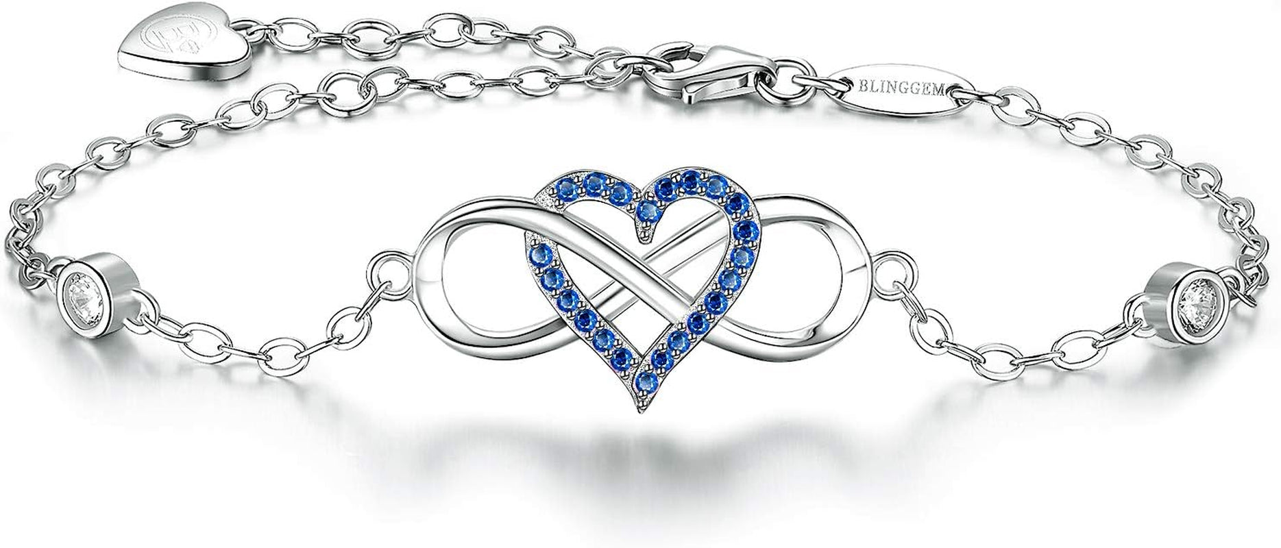 925 Sterling Silver Infinity Heart Charm Bracelet with Blue Gemstone and Pink Cubic Zirconia - Elegant Wedding Jewelry Gift for Women, Wives, and Mothers