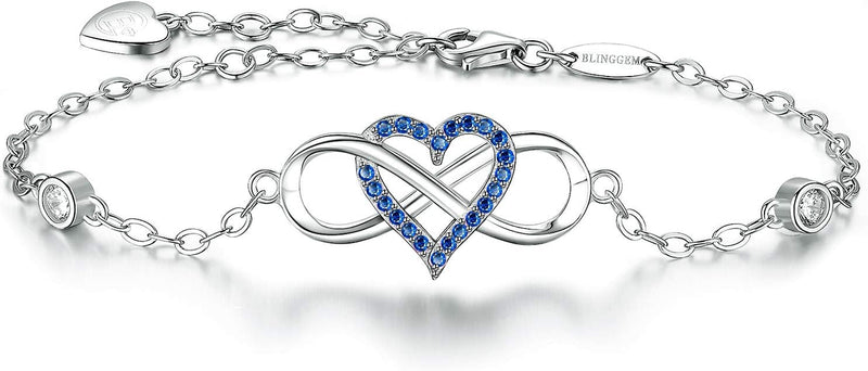 925 Sterling Silver Infinity Heart Charm Bracelet with Blue Gemstone and Pink Cubic Zirconia - Elegant Wedding Jewelry Gift for Women, Wives, and Mothers