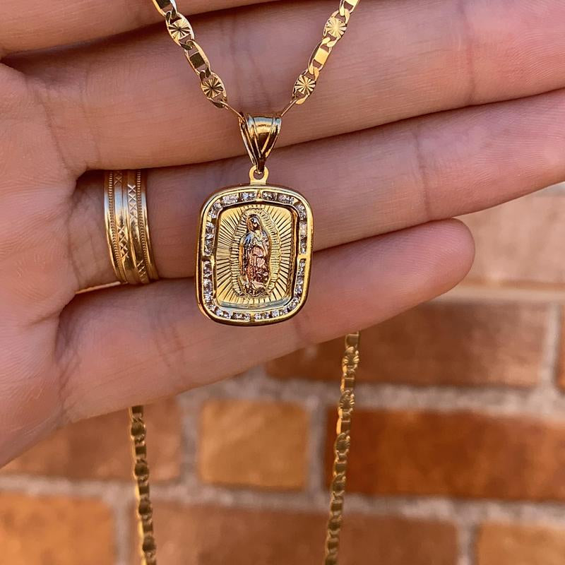 Square Guadalupe Necklace for Womens Mens Figaro Chain Female Male Anniversary Birthday Catholics Gifts for Her