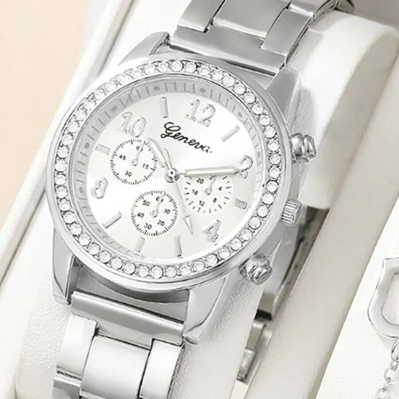 Silver 5Pc Jewelry & Watch Set, Perfect for Any Occasion