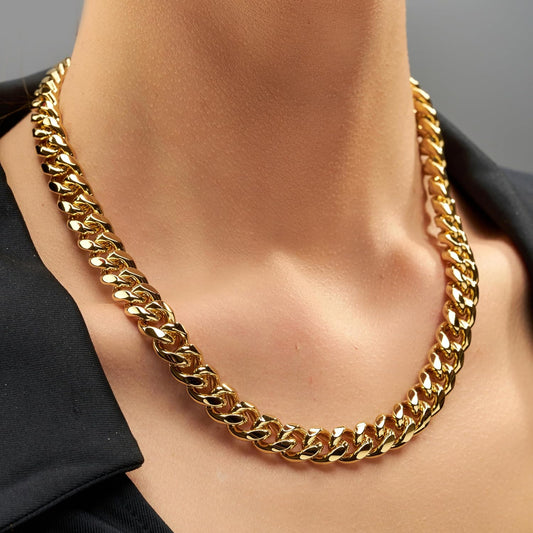 11mm Cuban Link Miami Curb Chain Necklace for Men and Women, Diamond Cut 24K Real Gold Plated