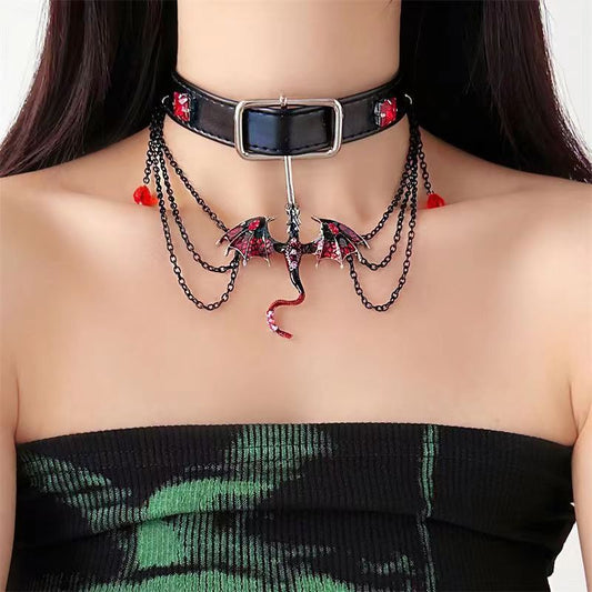 Small Flying Dragon Dark Style Tassel Round Beads Pendant Choker Necklace