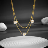 Stainless Steel Daisy Flower Jewelry Set – Double Layer Necklace & Earrings