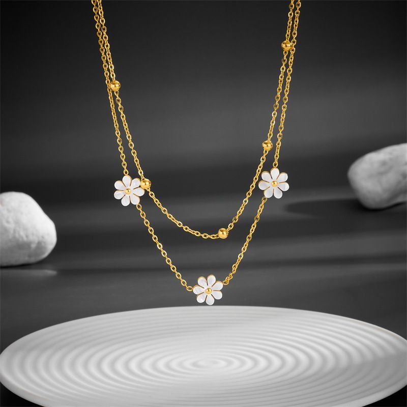 Stainless Steel Daisy Flower Jewelry Set – Double Layer Necklace & Earrings