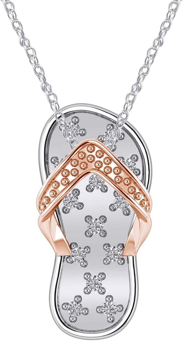 14K Gold Finish Flip Flop Pendant Slipper Beach Fancy Sandals Two Tone Diamond Pendant Necklace 18" Chain Footbed Sandal Slippers Pendant Necklace
