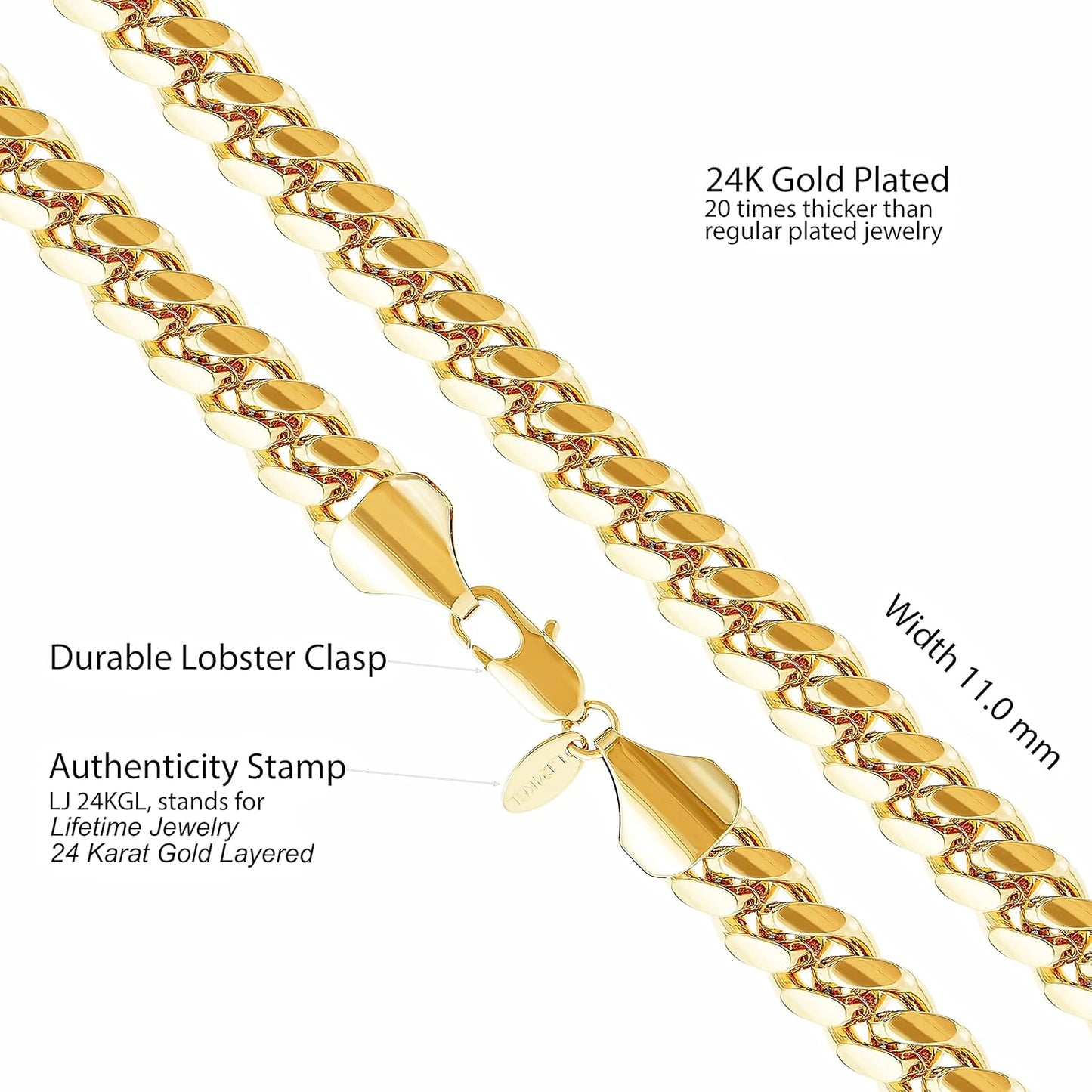 11mm Cuban Link Miami Curb Chain Necklace for Men and Women, Diamond Cut 24K Real Gold Plated