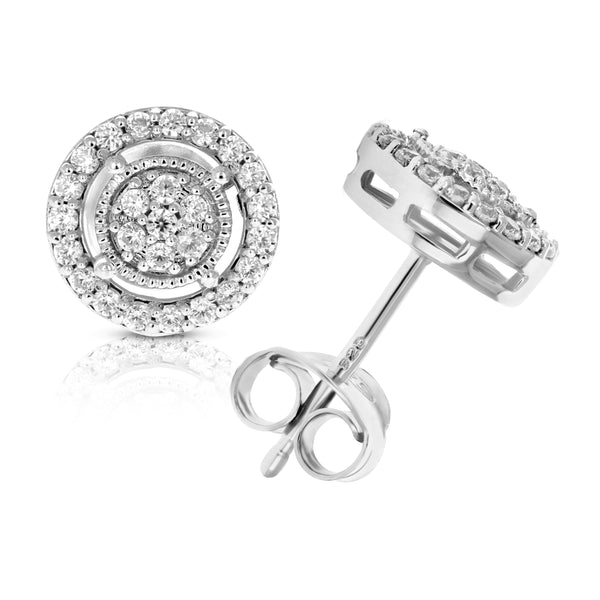 1/2 CTTW round Diamond Stud Earrings in .925 Sterling Silver with Rhodium Female Adult showing a sparkling design.