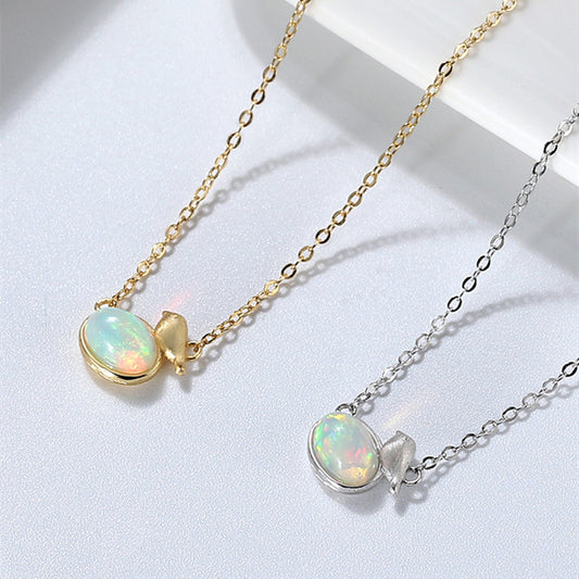 Sterling Silver Necklace Natural Opal Stones 14K Gold