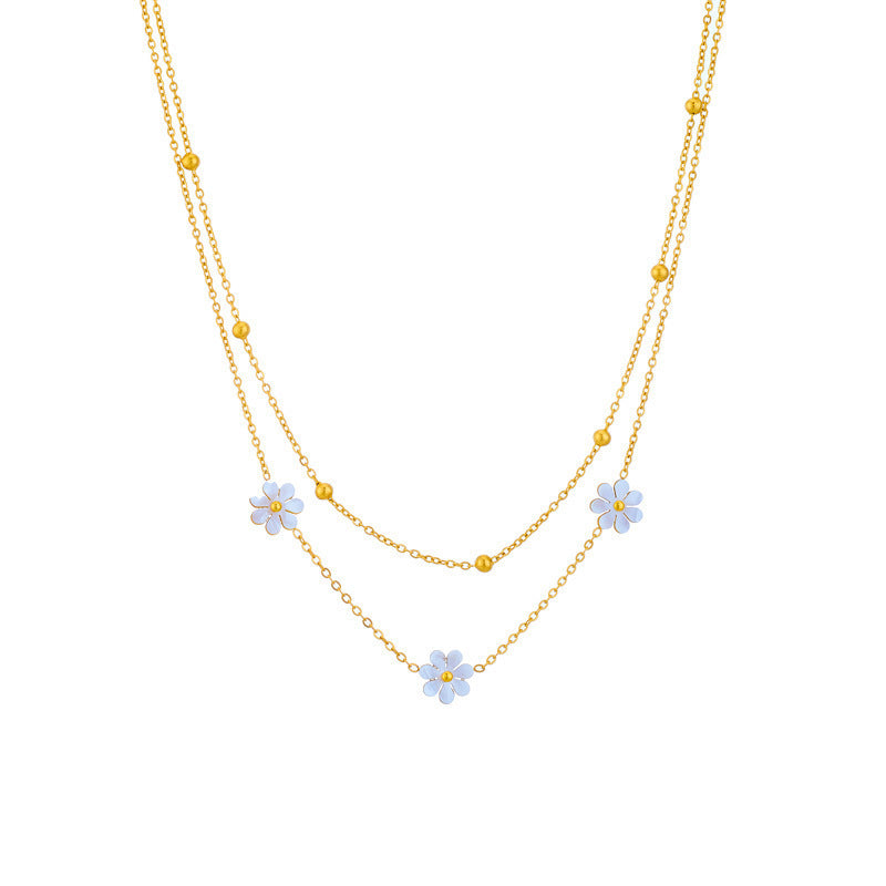Stainless Steel Daisy Flower Jewelry Set – Double Layer Necklace & Earrings