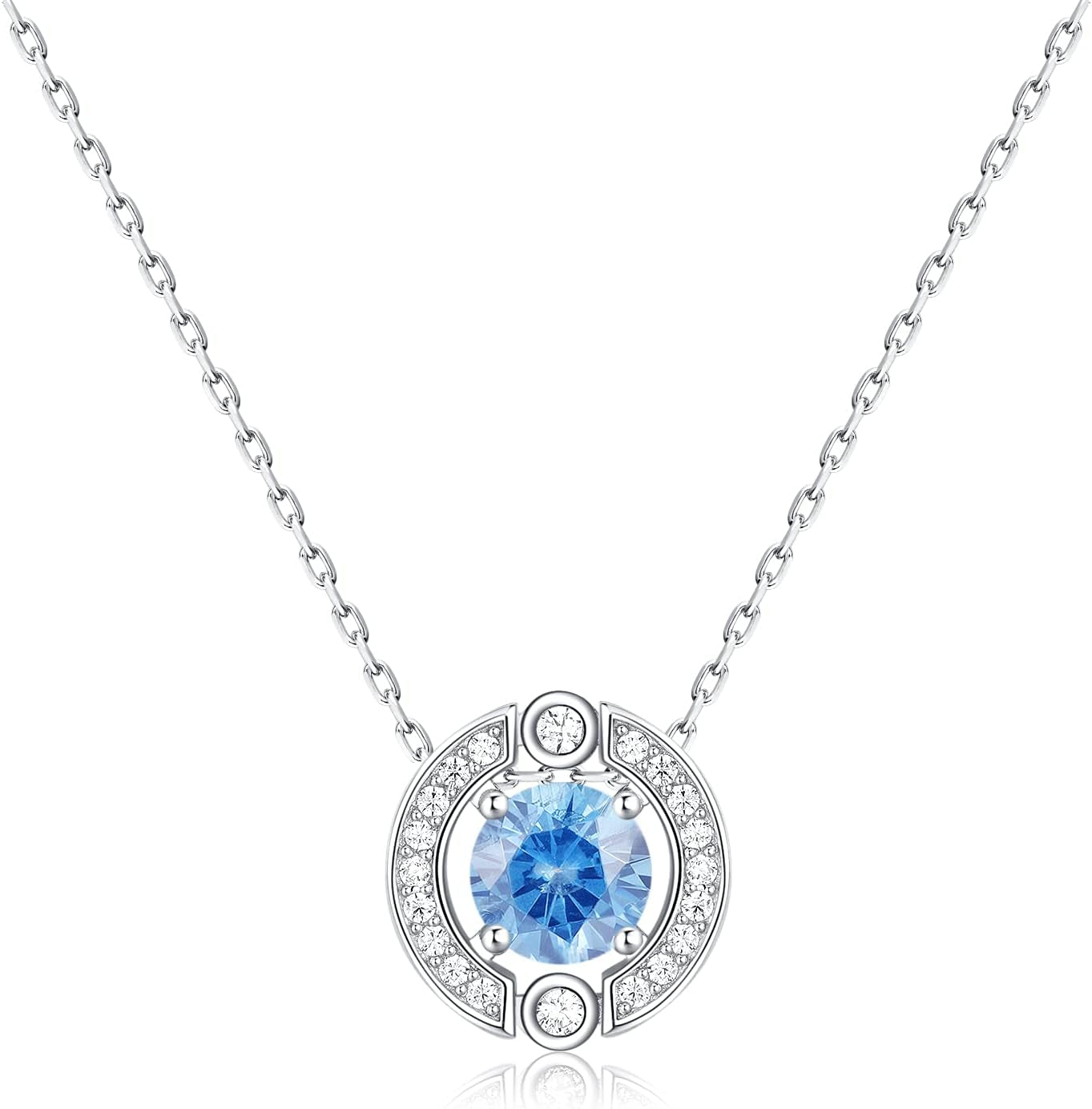 Sterling Silver Platinum Plated Birthstone Halo Necklace with Round Cut Cubic Zirconia Pendant - Elegant Jewelry Gift for Women and Teen Girls