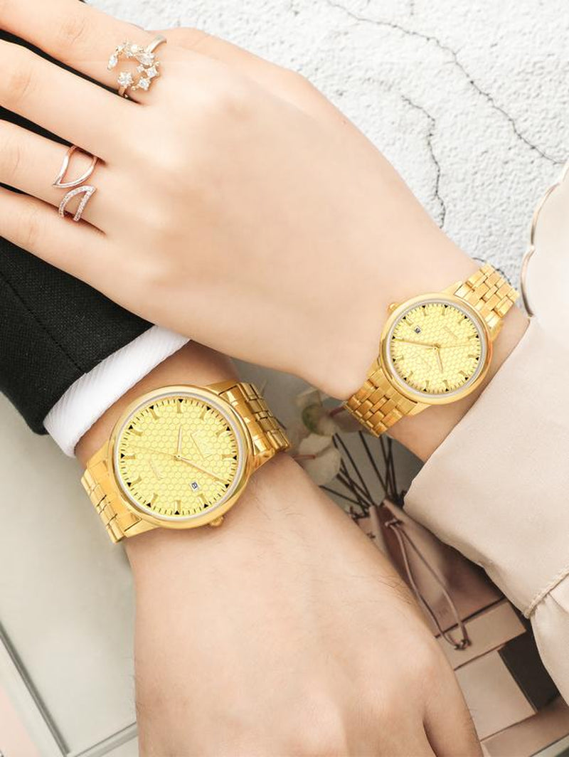 "Kky Classic Golden Quartz Watch Unisex, Waterproof Stainless Steel Band, Analog Display118.1Mm WR, Elegant Biz Style"