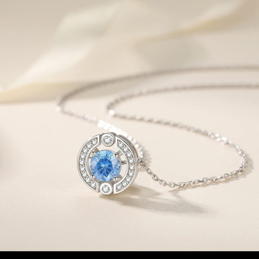 Sterling Silver Platinum Plated Birthstone Halo Necklace with Round Cut Cubic Zirconia Pendant - Elegant Jewelry Gift for Women and Teen Girls