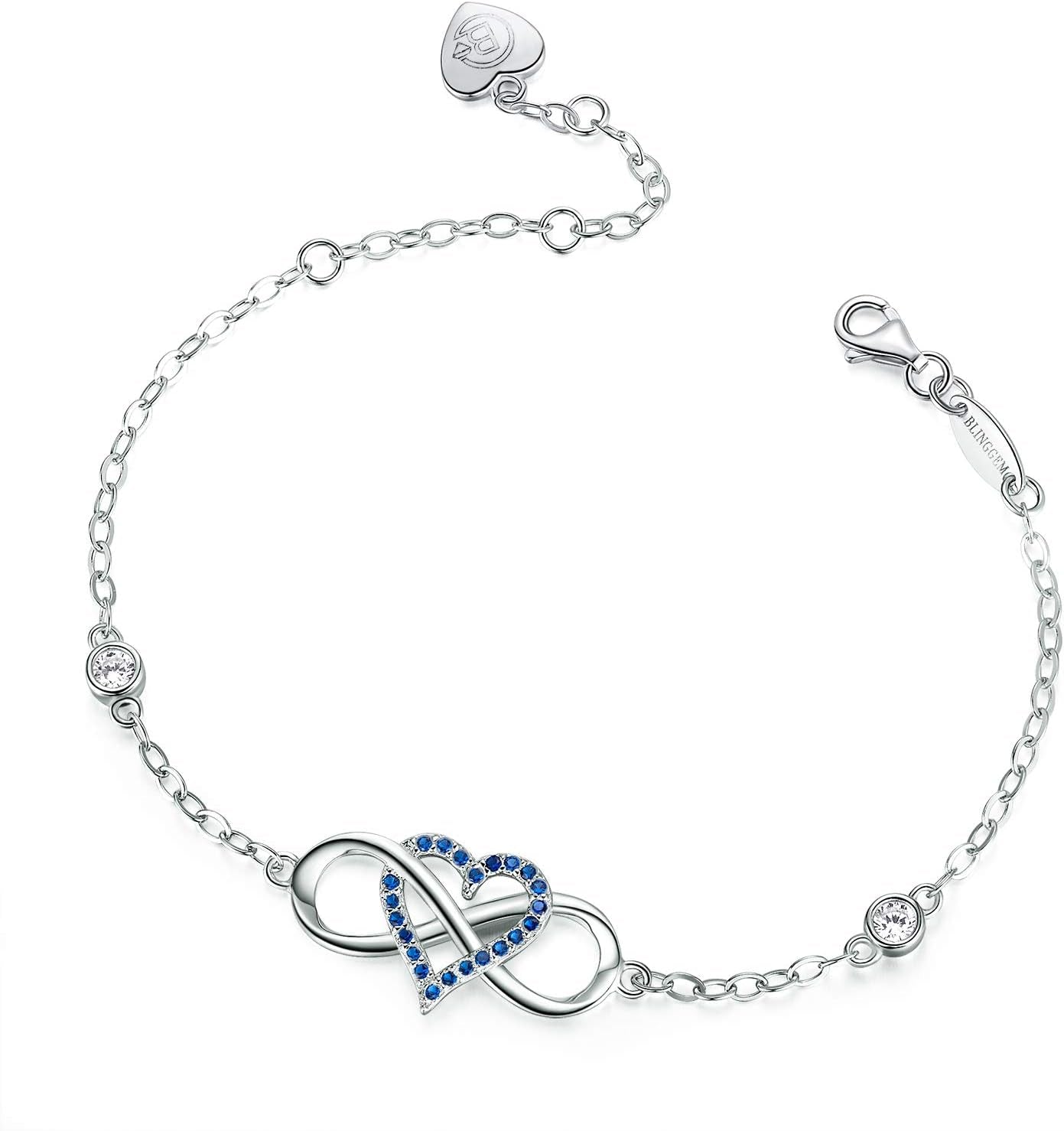 925 Sterling Silver Infinity Heart Charm Bracelet with Blue Gemstone and Pink Cubic Zirconia - Elegant Wedding Jewelry Gift for Women, Wives, and Mothers