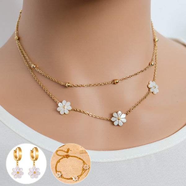 Stainless Steel Daisy Flower Jewelry Set – Double Layer Necklace & Earrings