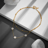 Stainless Steel Daisy Flower Jewelry Set – Double Layer Necklace & Earrings