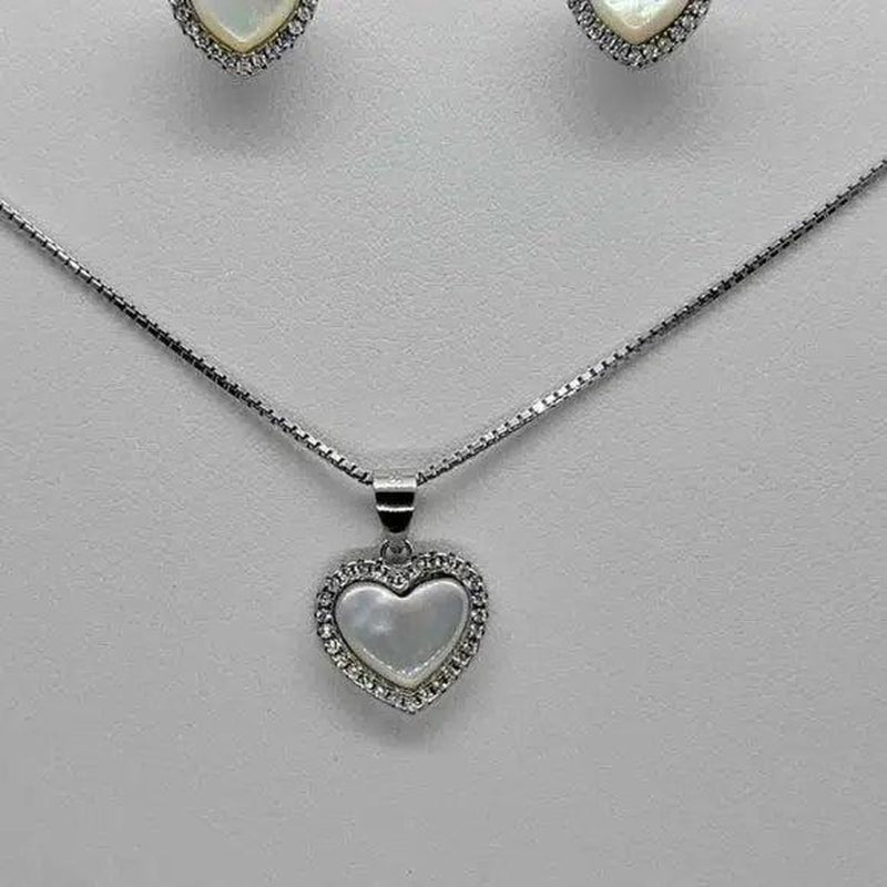Brand New Sterling Silver 925 Heart White Opal W/ Cubic Zirconia Stones Earrings and Necklace Set